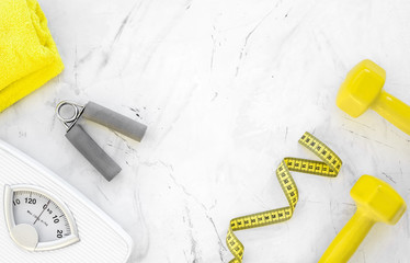 concept preparing to fitness sports equipment top view mock up