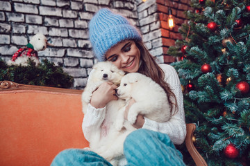 Beautiful woman with cute puppies sitting near Christmas tree. New Year.