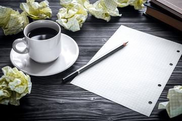 concept of writer desktop wooden background top view mock up