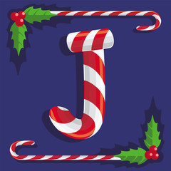 Буква J, знак из красных и белых сладостей, конфета сладкая трость на синем фоне, иллюстрация, вектор