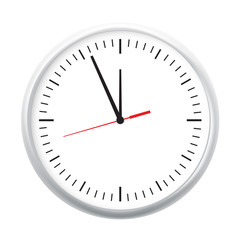White wall office clock icon showing five minutes to twelve. For new year concept.