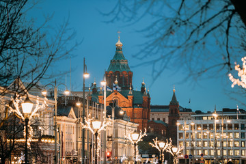 Helsinki, Finland. Uspenski Cathedral On Hill In Evening Or Night