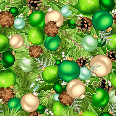 Vector Christmas seamless background with green balls, fir-tree branches and cones.