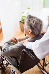 Health visitor and a senior woman during home visit.