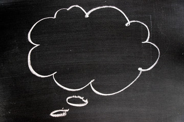 White color chalk drawing as blank speech bubble shape on blackboard background