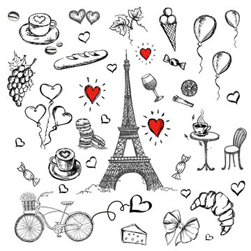  Paris sketch illustration. Set of hand drawn French icons