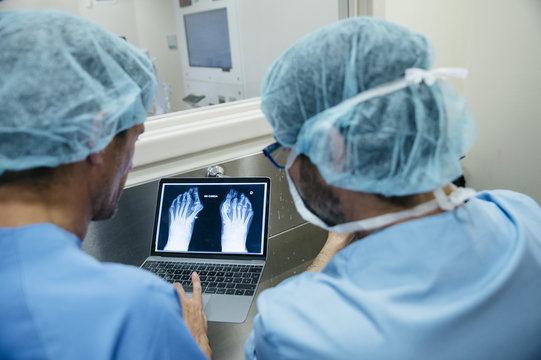 Doctors exploring X-ray on laptop