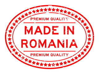 Grunge red premiumq quality made in Romania oval rubber seal business stamp on white background