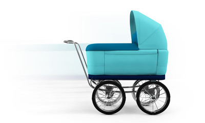 Retro baby stroller isolated on white background. For boy. 3d rendering.