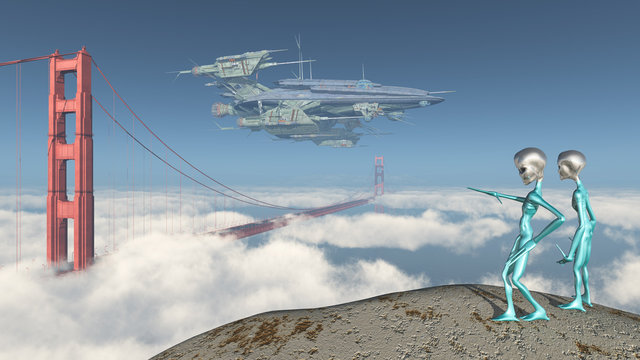 Großes Raumschiff über der Golden Gate Bridge in San Francisco und Außerirdische