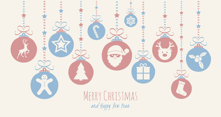 Christmas decoration with baubles with icons and greeting. Vector.