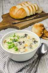Creamy wild mushroom soup. Selective focus, copy space. 