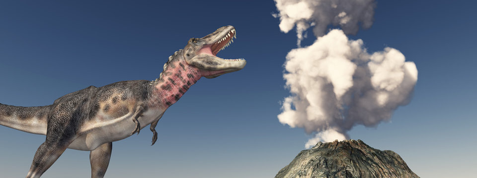 Vulkanausbruch und der Dinosaurier Tarbosaurus