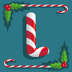 Буква L, знак из красных и белых сладостей, конфета сладкая трость на бирюзовом фоне, иллюстрация, вектор