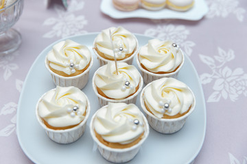 Beautiful multicolored decorated candy table baked sweet tasty cupcake cupcakes on a party, beautifully decorated catering banquet table with different candy sweet delicacy