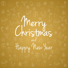 Christmas greetings on background with hand drawn decorations. Vector.