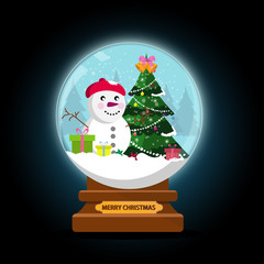 Night snow globe and Christmas  tree  with balls and Gifts box