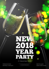 Vector New Year poster, invitation template with transparent champagne glasses on bright background with blurred xmas tree.