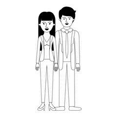 couple in black dotted silhouette and her with blouse and jacket and pants and heel shoes with straight long hair and him with suit and tie and pants and shoes with short hair vector illustration