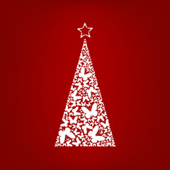 Vector Christmas tree from white butterfly with star on the top on red background. Greeting card for New Year, Christmas