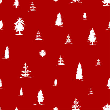 Vector seamless pattern from hand drawing sketch white tree -  pine, fir tree, cypress on red background