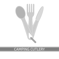 Vector illustration of camping spoon, fork, knife, isolated on white background. Cutlery in flat style. Portable flatware.