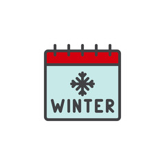 Winter calendar with snowflake filled outline icon, line vector sign, linear colorful pictogram isolated on white. Holiday schedule symbol, logo illustration. Pixel perfect vector graphics