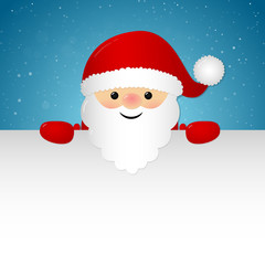 Merry Santa Claus holding a card with copyspace - concept of Christmas card. Vector.