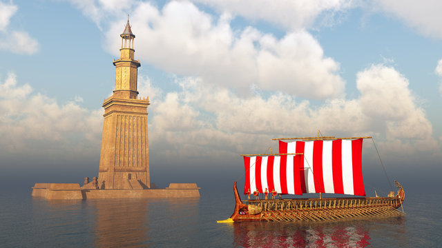 Pharos von Alexandria und antikes griechisches Kriegsschiff