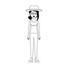 woman with hat and glasses and t-shirt sleeveless and pants and heel shoes with collected hair and fringe i in black dotted silhouette vector illustration
