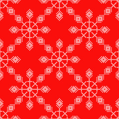 Seamless vector background cross stitch Norwegian snowflakes. Folk motifs. Winter pattern. Textile rapport.