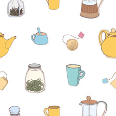 Seamless pattern with colorful hand drawn kitchen tools and ingredients for making and drinking tea on white background. Vector illustration for wallpaper, textile print, wrapping paper, backdrop.