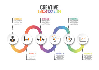 Infographic design template and marketing icons. Template for diagram, graph, presentation and round chart. Business concept with 6 options, parts, steps or processes. Data visualization.