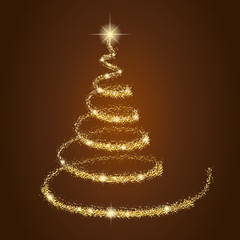 Glittering Christmas tree on brown background. Vector.