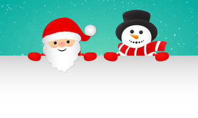 Christmas banner with Santa Claus and Snowman with copyspace for wishes. Vector.
