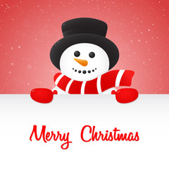 Happy Snowman holding a card with Christmas wishes on background with snowflakes. Vector.