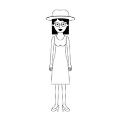 woman with hat and glasses and dress and heel shoes with mid length hair in black dotted silhouette vector illustration