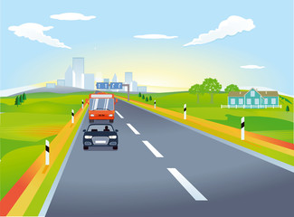 Landstraße mit Autoverkehr, Illustration © scusi