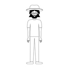 man with hat and glasses and t-shirt and pants and shoes with mid length hair and beard in black dotted silhouette vector illustration