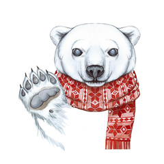 Drawing with a watercolor of a polar bear in the technique of a cartoon, on a theme of the new year, Christmas, in a knitted scarf with a jacquard pattern of red, joyful, smiling, waving his paw, whit