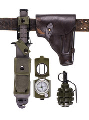 A pistol with a holster and a tactical knife