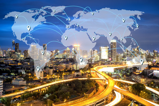 Data Communication and Computer Networks Concept, Light in the capital and data links connection icons with world map background - Powered by Adobe