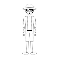 man with hat and glasses and shirt with jacket and short pants and shoes with short wavy hair in black dotted silhouette vector illustration