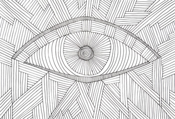 Hand made illustration of an eye, made of many black parallel lines and concentric circles, on white background. - 182556422