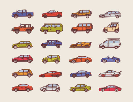Big collection of cars of various body configuration styles - cabriolet, sedan, pickup, hatchback. Set of modern automobiles of different types. Colorful vector illustration in line art style.