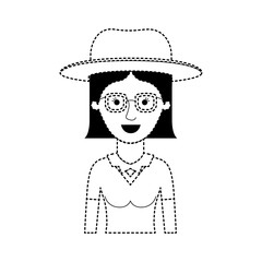 woman half body with hat and glasses and blouse with short straight hair in black dotted silhouette vector illustration