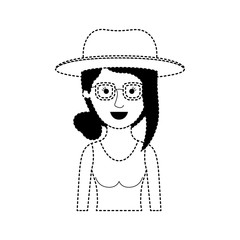 woman half body with hat and glasses and t-shirt sleeveless with collected hair and fringe in black dotted silhouette vector illustration