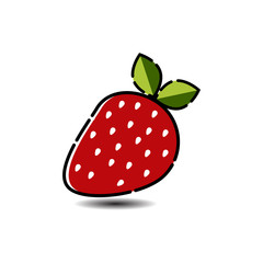 Red ripe cartoon strawberry symbol with green leaves