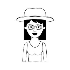 woman half body with hat and glasses and dress with mid length hair in black dotted silhouette vector illustration