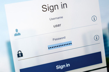 Login screen. Username and password on computer screen